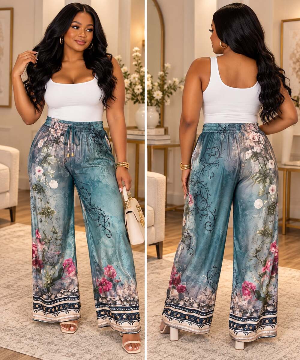 Boho Luxe Teal Floral Palazzo Pants Wide Leg Satin Look Resort Medium